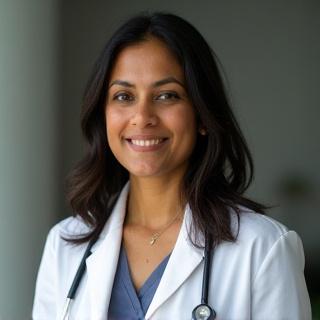 Portrait of Dr. Anya Sharma, a warm and intelligent woman with a professional yet approachable demeanor.