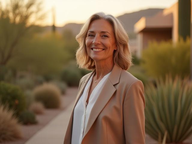 Photo of Mirage Well founder, Jane Doe, a serene, mature woman with a warm smile, standing in a sun-drenched, tranquil desert garden in Phoenix.