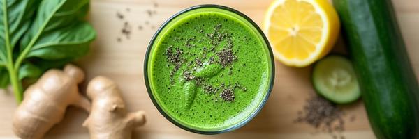A vibrant green smoothie surrounded by fresh fruits and vegetables, symbolizing gut health and nutrition.