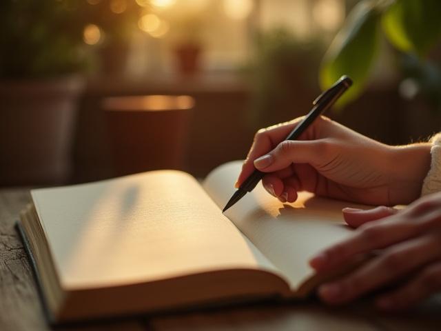 A person's hands holding a pen over an open journal with natural light, soft focus, conveying calm and introspection.