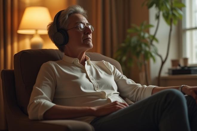 A person sitting comfortably, eyes closed or gazing thoughtfully, listening to music on an analog device like a turntable or high-quality headphones, with soft backlighting.