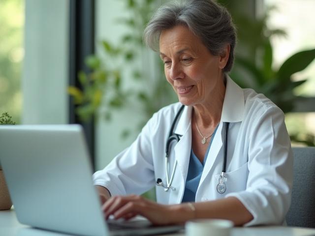 A seasoned health expert thoughtfully engaging in a virtual interview on a laptop, surrounded by natural elements.