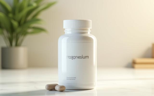A bottle of magnesium supplement on a clean, minimalist surface with soft focus in the background.