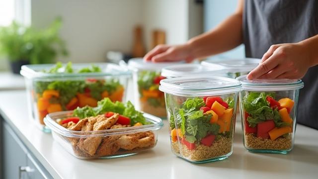 Healthy meal prep containers lined up in a kitchen