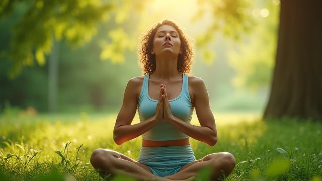 Woman practicing deep breathing meditation in a peaceful outdoor setting to manage stress.